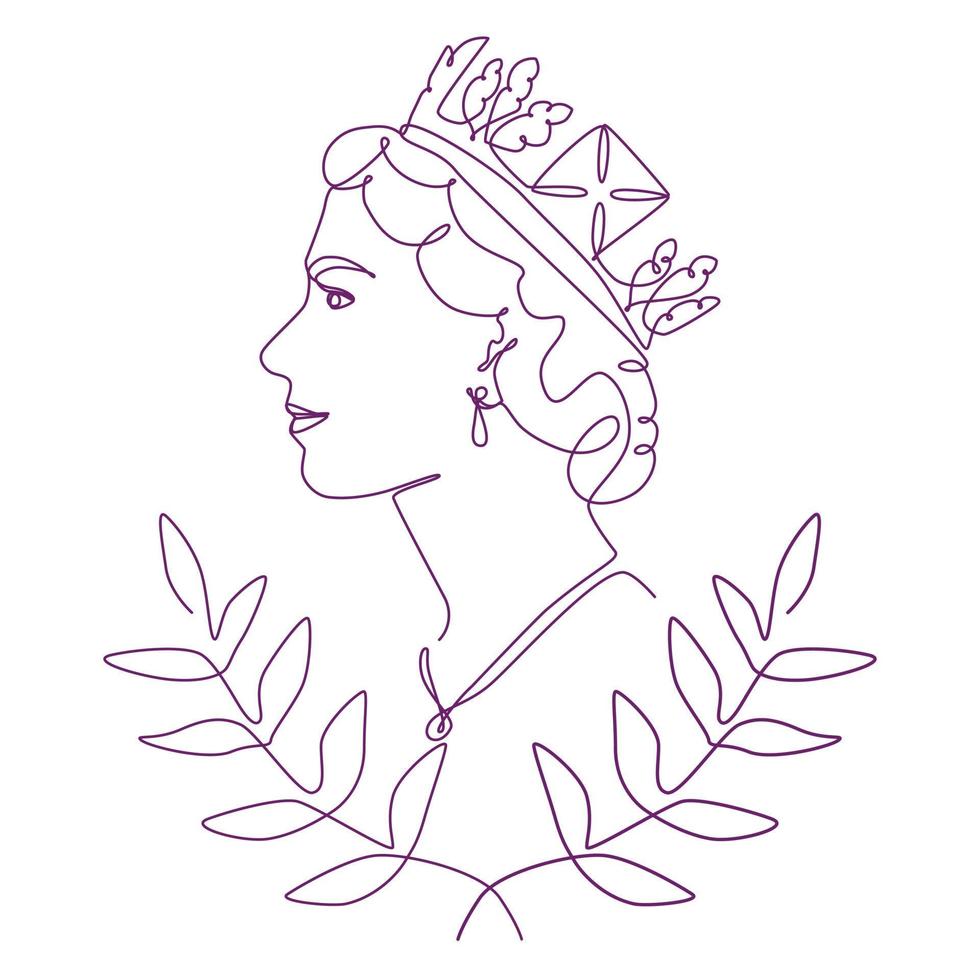 fond de célébration du jubilé de platine de la reine avec profil latéral de la reine elizabeth en couronne. dessin au trait continu ou dessin d'une ligne. vecteur