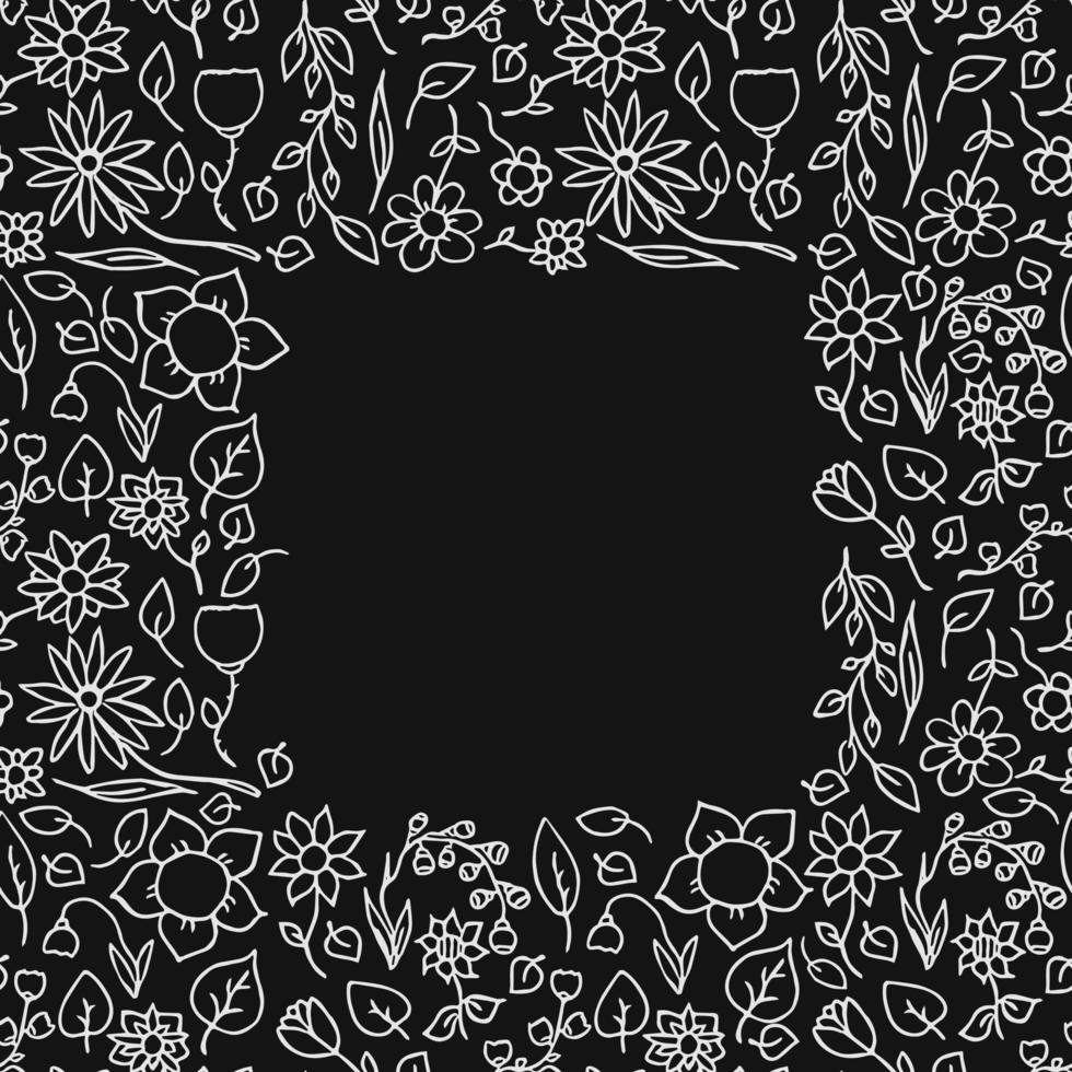 motif vectoriel floral sans couture avec place pour le texte. vecteur de doodle avec motif floral sur fond noir. motif floral vintage