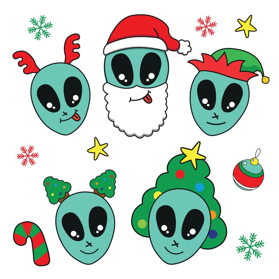 mignon dessin animé noël extraterrestre émoticônes illustration vectorielle vecteur