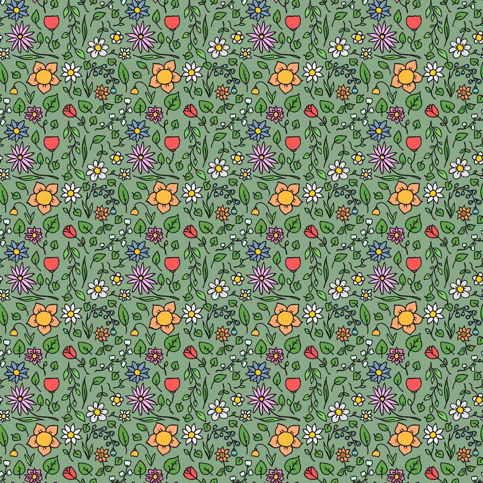 motif vectoriel floral harmonieux et coloré. vecteur de doodle avec motif floral sur fond vert. motif floral vintage