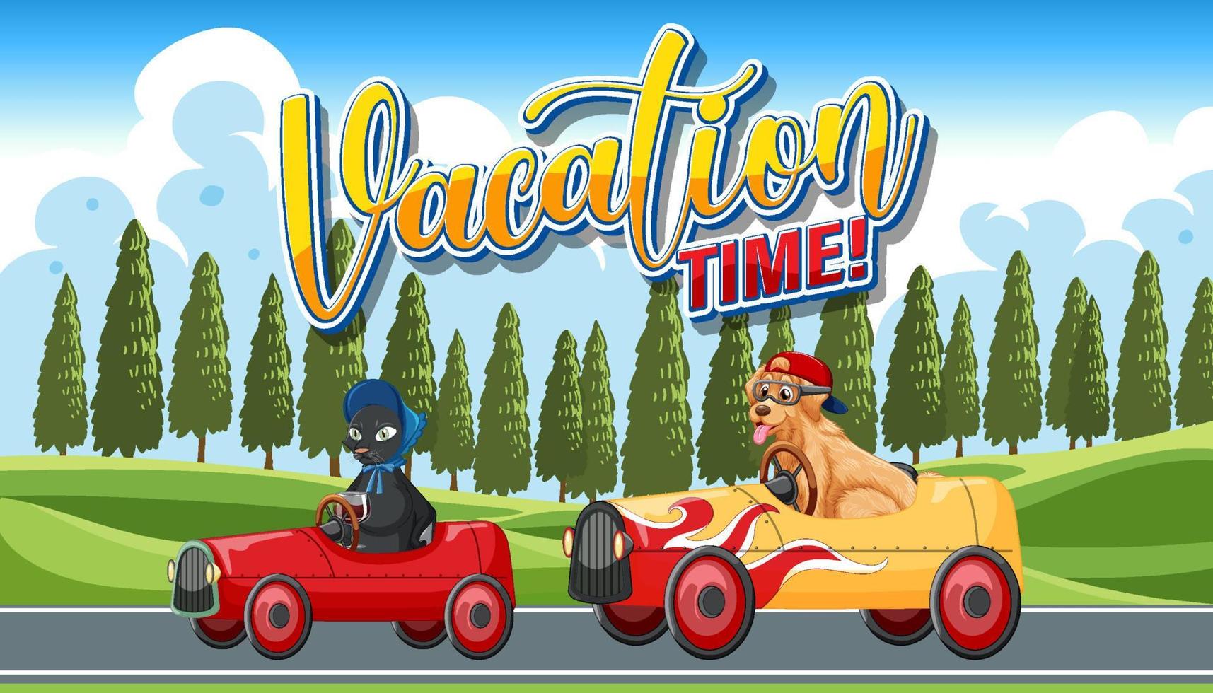 chien et chat conduisant une voiture avec texte de temps de vacances sur le paysage naturel vecteur