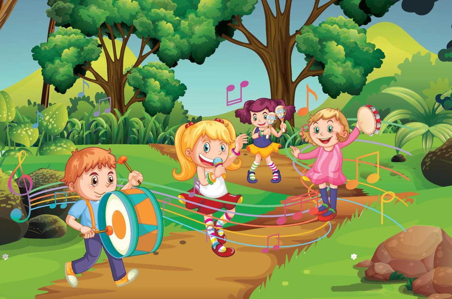 scène avec des enfants jouant d'un instrument dans le parc vecteur