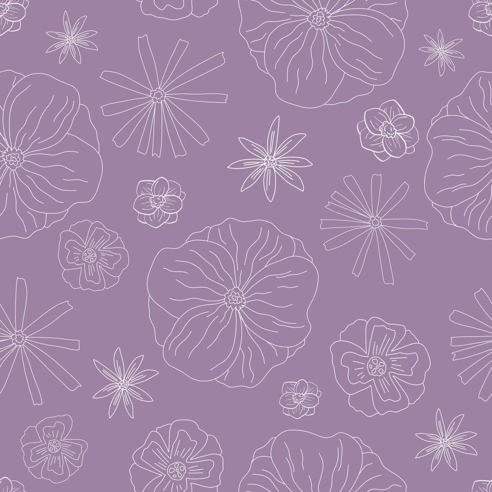 fond d'écran abstrait violet doodle dessiné à la main avec des fleurs de ligne blanche. joli motif vectoriel violet pour papier, tissu, livre, chambre, enfants.