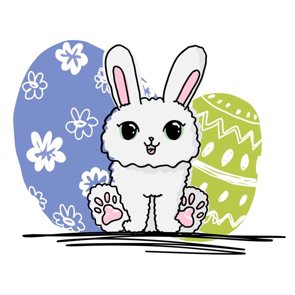 mignon lapin de dessin animé de joyeuses pâques. animal, lapin, animal de compagnie. illustration isolée avec des oeufs de doodle. vecteur