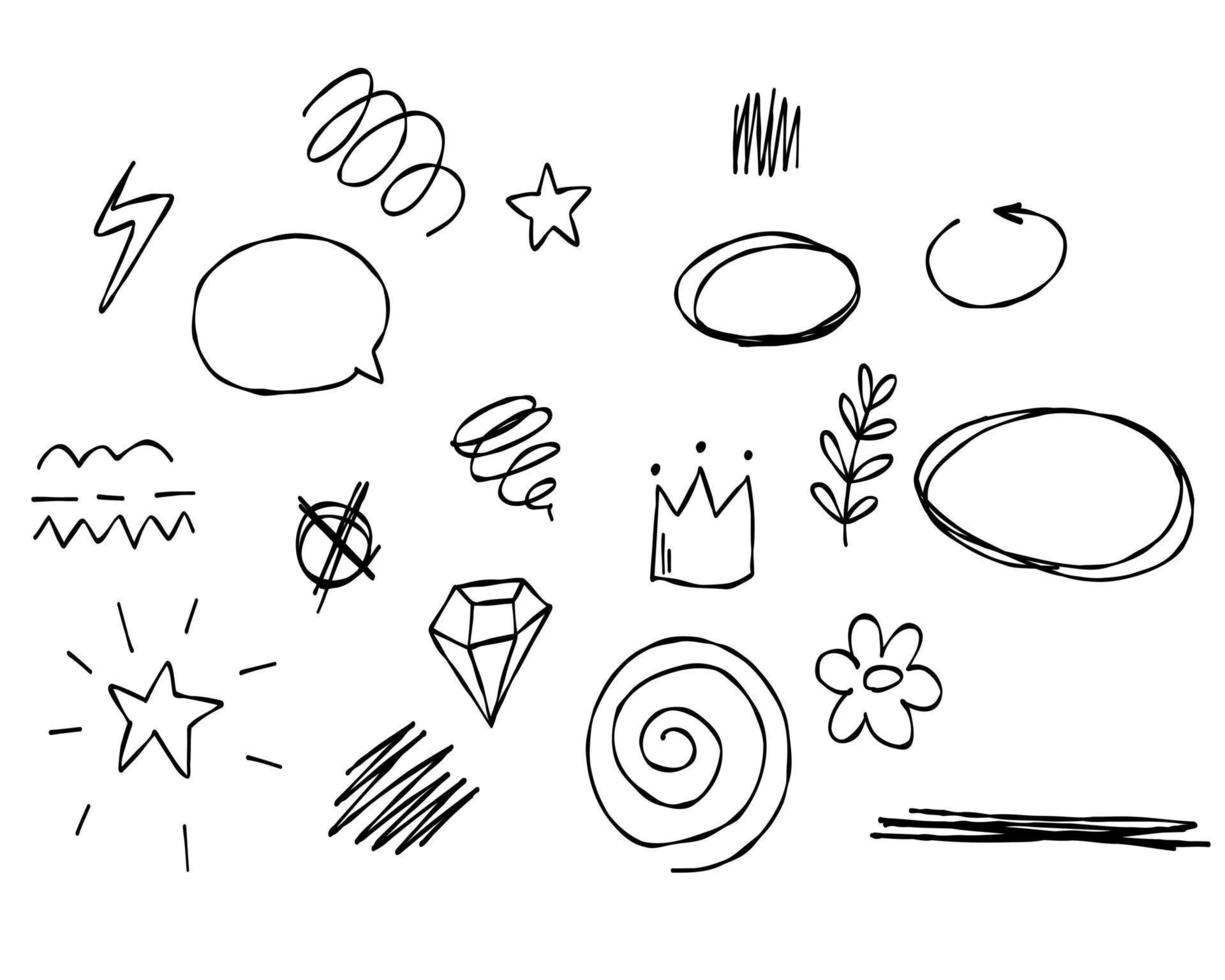 doodle frames ligne fleur, étoile, diamant, couronne. ensemble de croquis collection de lignes isolées mignonnes pour le bureau. vecteur