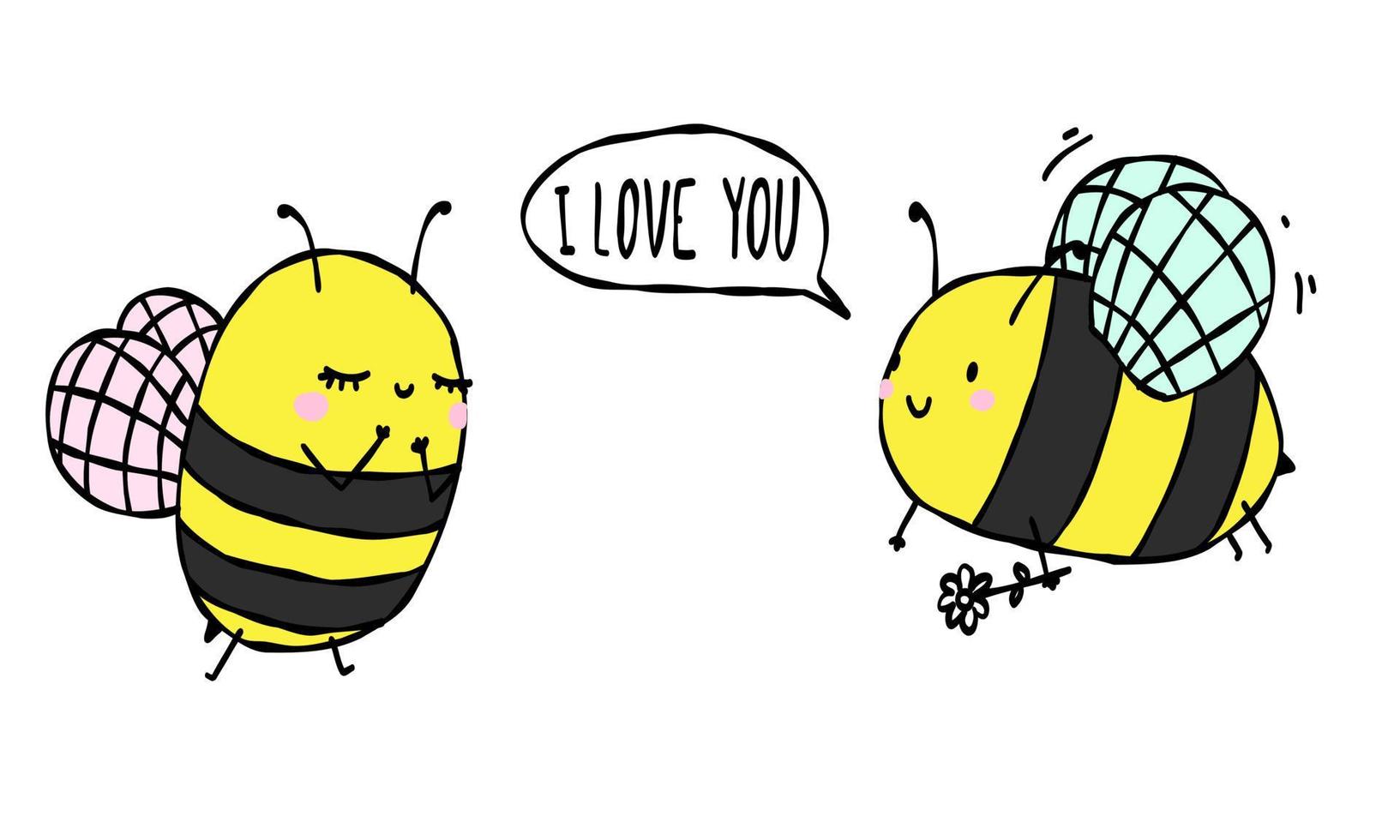 l'abeille dit je t'aime. insecte mignon avec carte postale coeur, affiche saint valentin, arrière-plan. illustration vectorielle dessinés à la main. vecteur