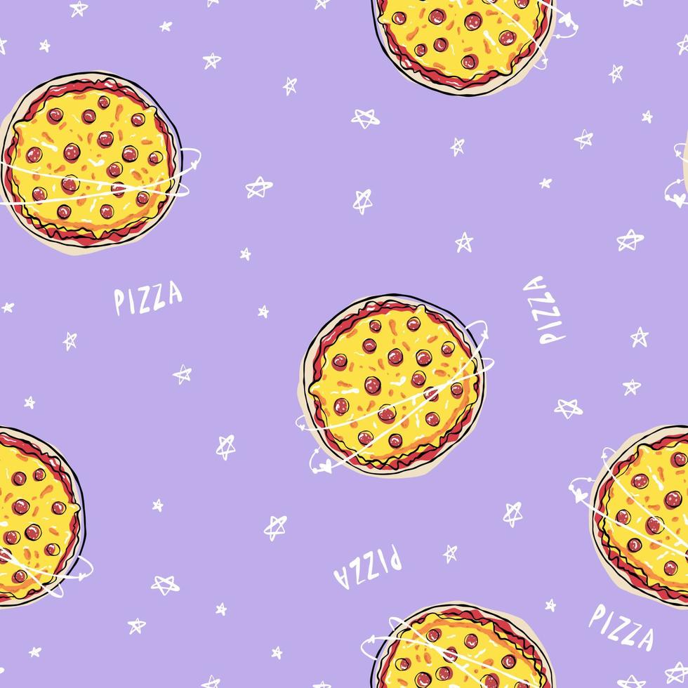 motif violet harmonieux de nourriture dessinée à la main avec une pizza, des étoiles abstraites, un doodle de cosmos. joli vecteur pour papier, tissu, cuisine, enfants.