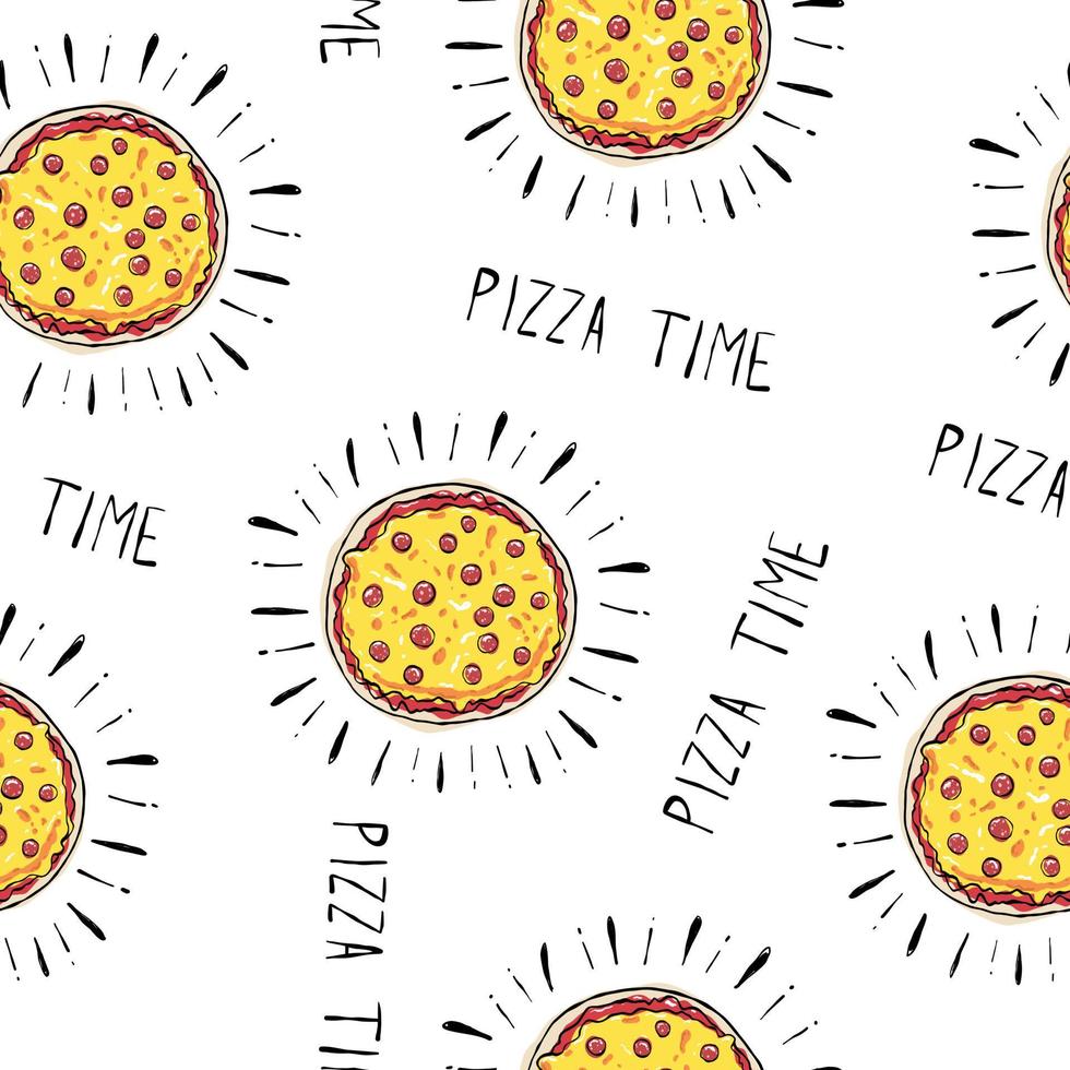 motif blanc harmonieux de nourriture dessinée à la main avec un temps de pizza, abstrait, adore ça doodle. joli vecteur pour papier, tissu, cuisine, enfants.