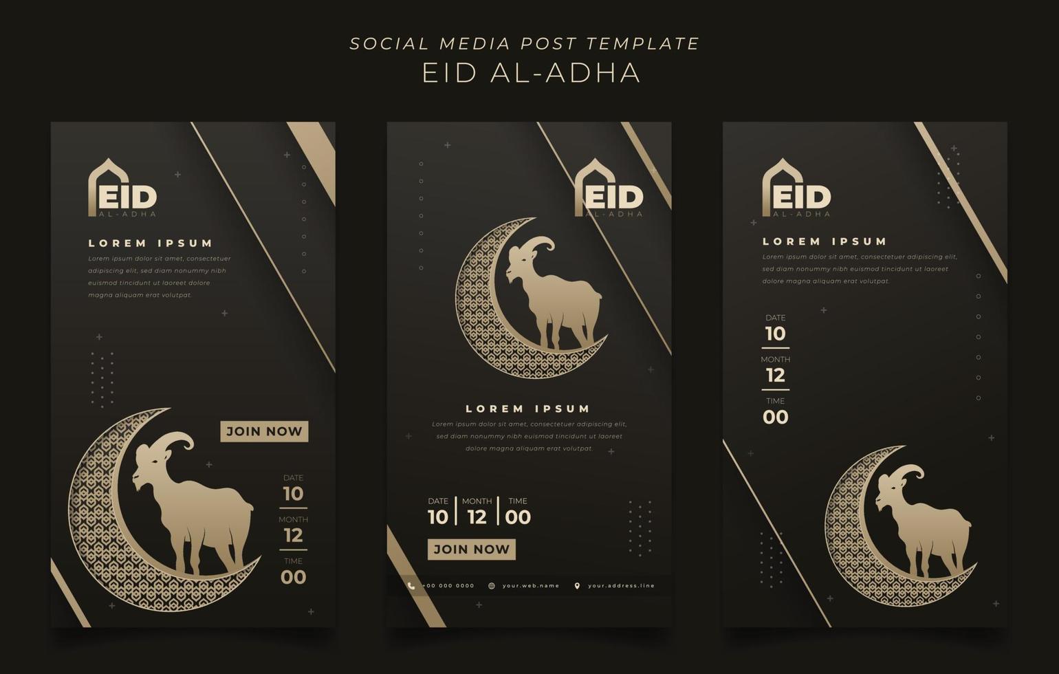 ensemble de modèles de médias sociaux sur fond d'or noir avec croissant et chèvre pour la conception de l'aïd al adha vecteur