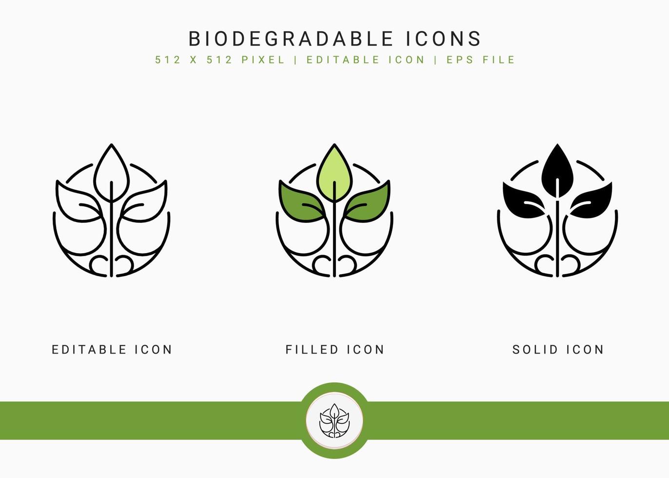 les icônes biodégradables définissent une illustration vectorielle avec un style de ligne d'icône solide. recycler le concept de feuille. icône de trait modifiable sur fond blanc isolé pour la conception Web, l'interface utilisateur et l'application mobile vecteur