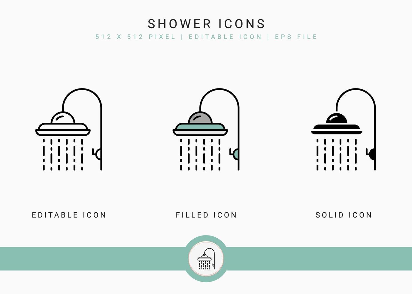 icônes de douche définies illustration vectorielle avec style de ligne d'icône. concept de salle de bain avec arroseur de douche. icône de trait modifiable sur fond blanc isolé pour la conception Web, l'interface utilisateur et l'application mobile vecteur