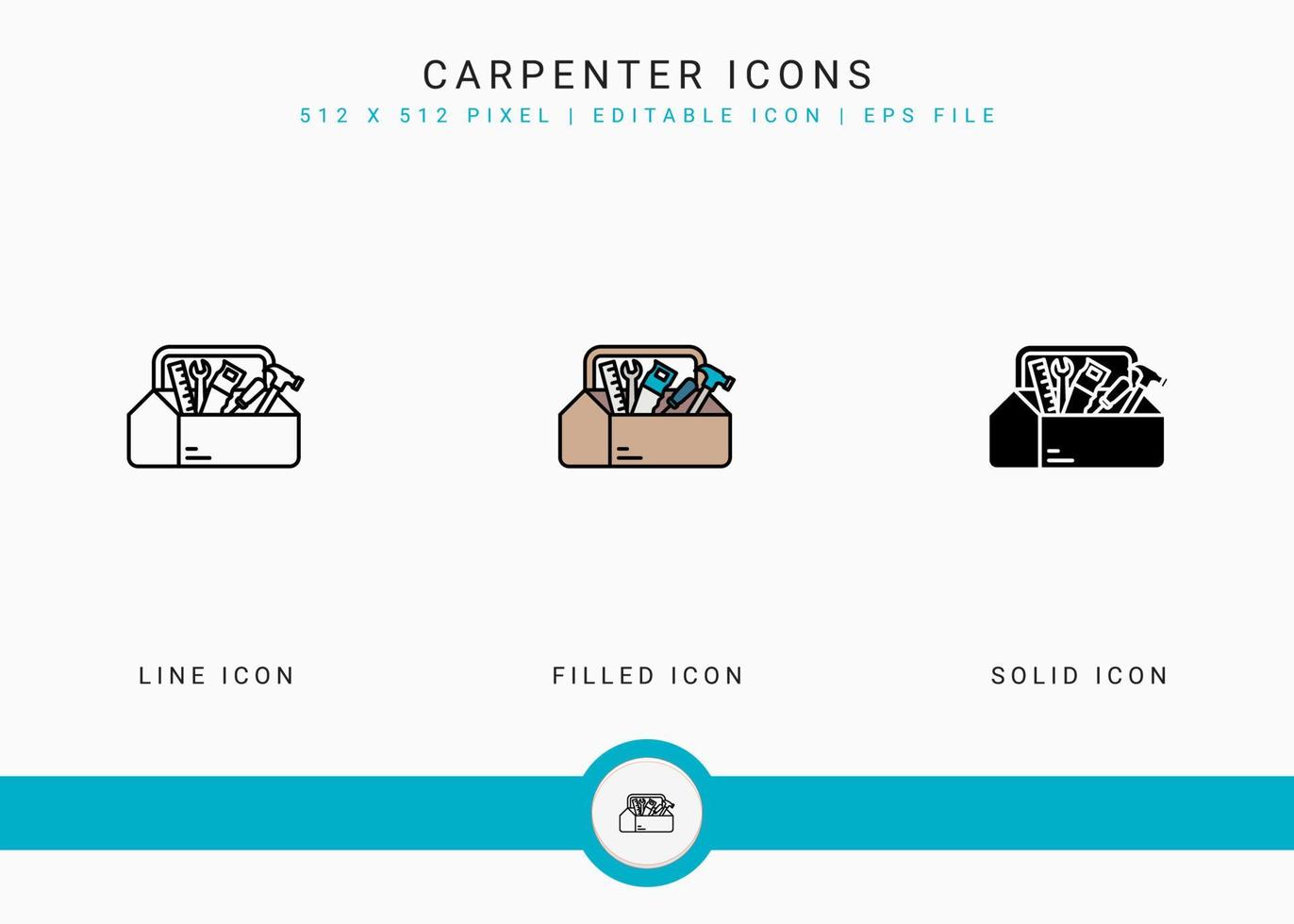 les icônes de charpentier définissent l'illustration vectorielle avec un style de ligne d'icône solide. concept de construction d'outils de marteau. icône de trait modifiable sur fond isolé pour la conception Web, l'interface utilisateur et l'application mobile vecteur