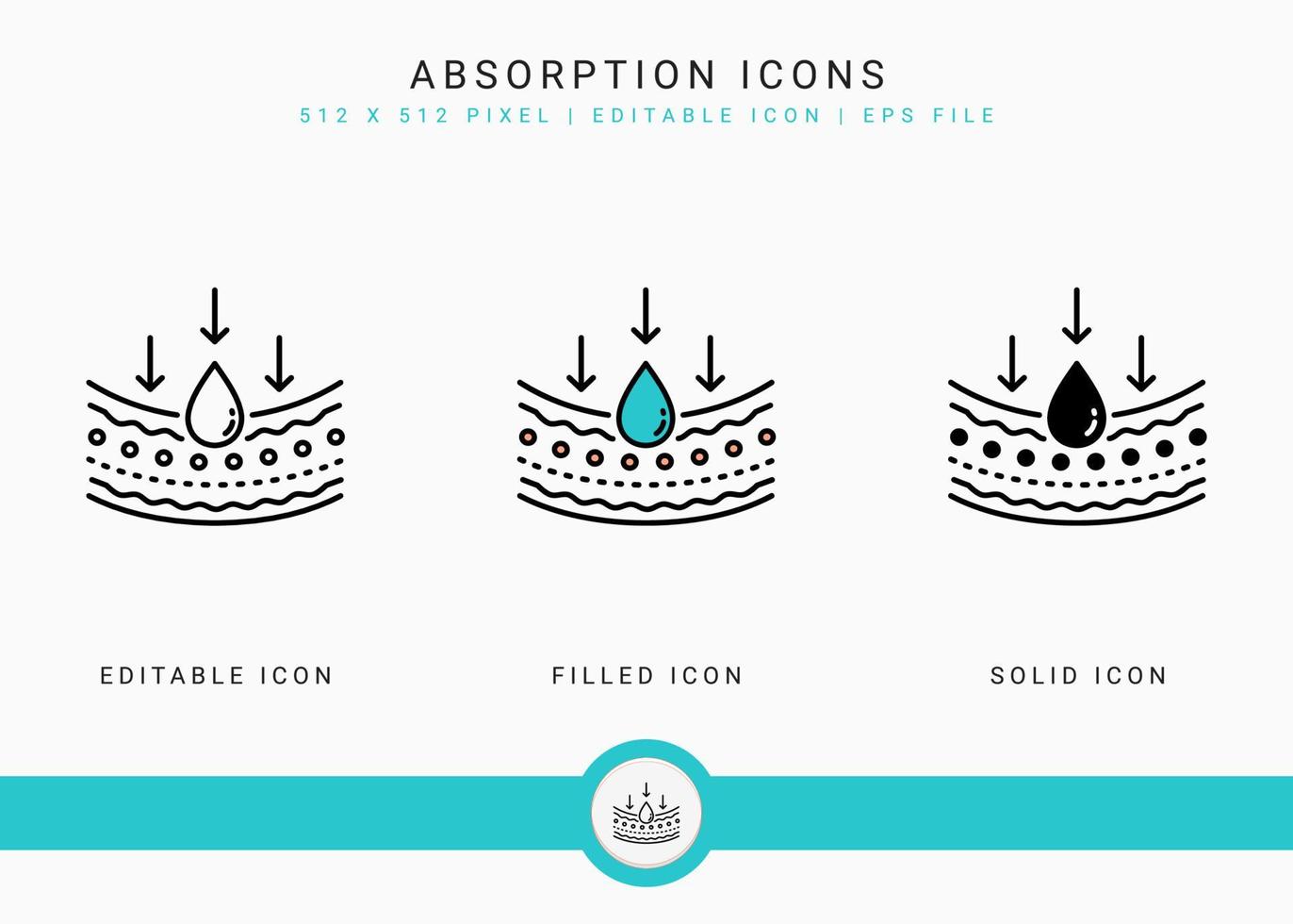 les icônes d'absorption définissent une illustration vectorielle avec un style de ligne d'icône solide. concept d'émulsion d'eau goutte. icône de trait modifiable sur fond isolé pour la conception Web, l'infographie et l'application mobile ui. vecteur