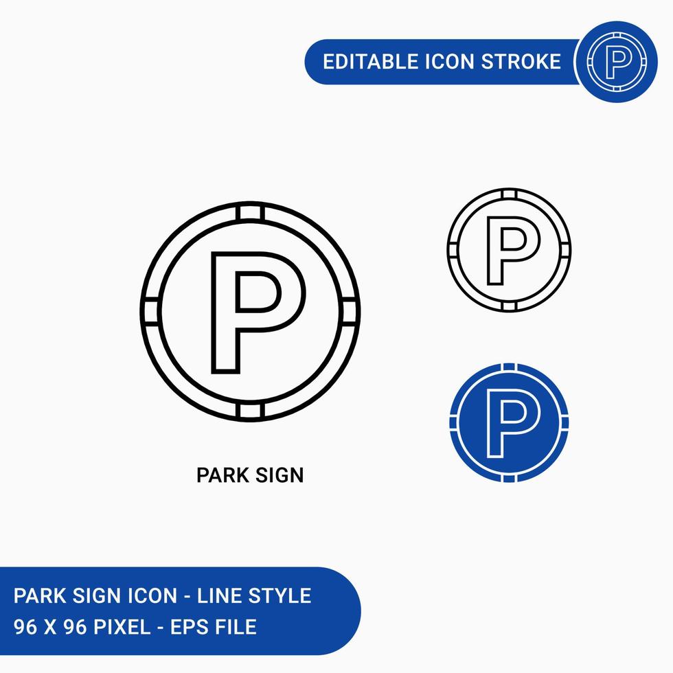 les icônes de signe de parc définissent l'illustration vectorielle avec le style de ligne d'icône. concept de panneau bleu de stationnement de voiture. icône de trait modifiable sur fond blanc isolé pour la conception Web, l'interface utilisateur et l'application mobile vecteur