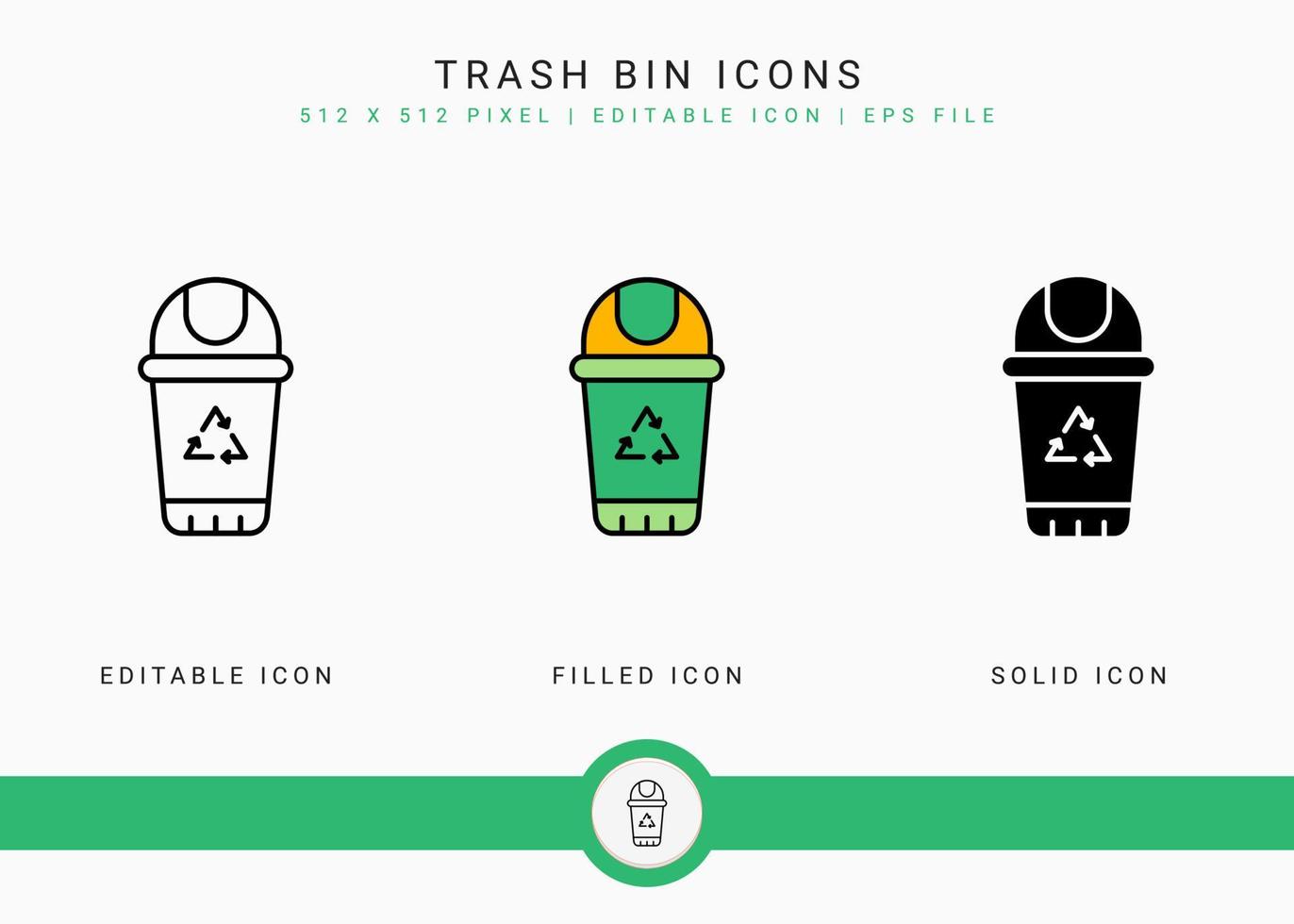 les icônes de la poubelle définissent une illustration vectorielle avec un style de ligne d'icône solide. recycler le concept de panier à ordures. icône de trait modifiable sur fond isolé pour la conception Web, l'infographie et l'application mobile ui. vecteur