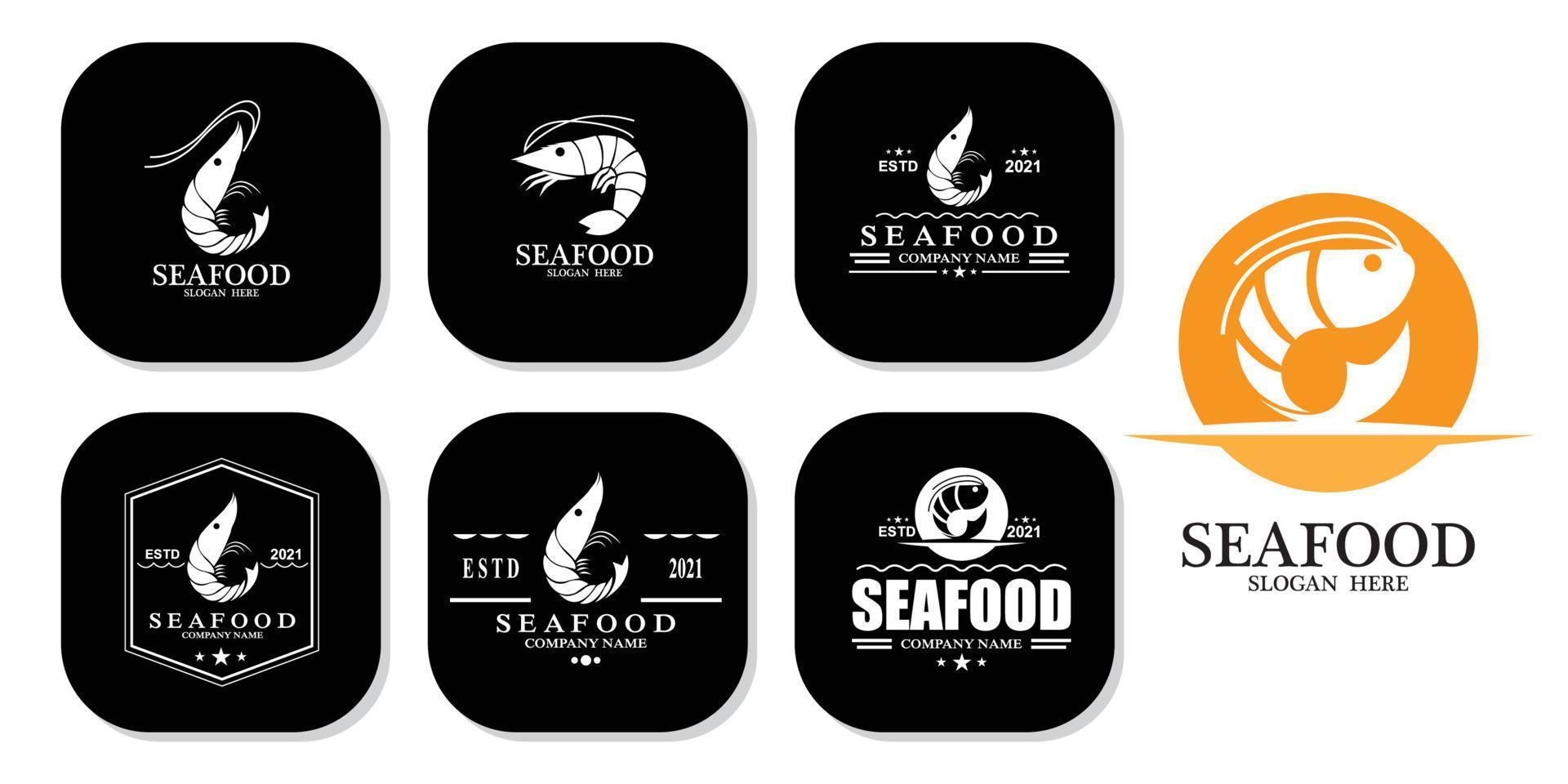 icône de vecteur de logo de fruits de mer de crevettes, animal de homard, design rétro classique