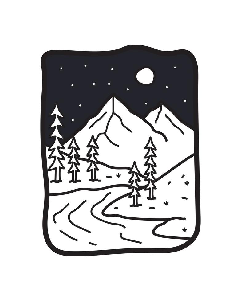 montagne et rivière camping nature aventure dans la nuit ligne sauvage insigne patch broche illustration graphique vecteur art t-shirt design