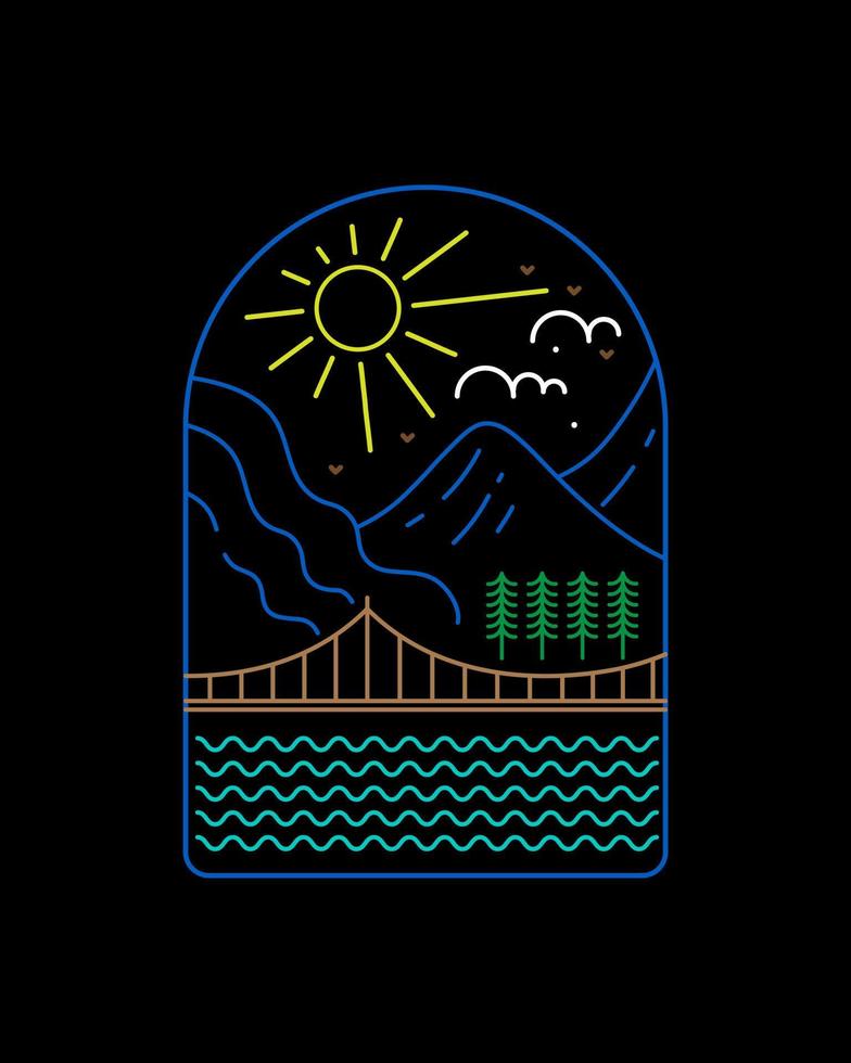 vue d'un pont et d'une montagne pendant la journée d'une ligne mono - dessin au trait insigne patch broche illustration graphique vecteur art t-shirt design