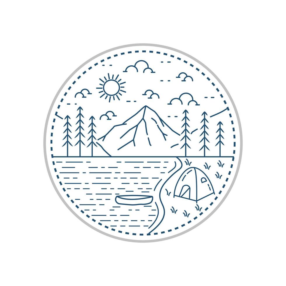 camping dans le magnifique lac nature aventure en dessin au trait mono, insigne patch broche illustration graphique vecteur art t-shirt design