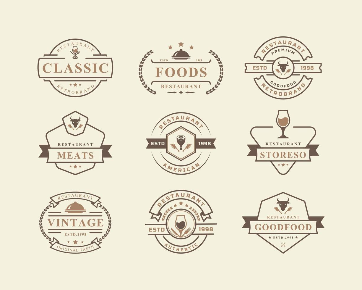 ensemble d'icônes de restaurant et de café badge rétro vintage, silhouettes de conception de logo de restauration rapide vecteur
