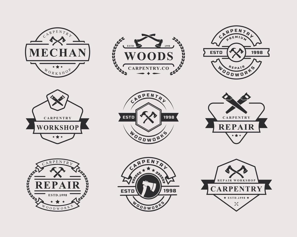 ensemble d'outils de travail de badge rétro vintage, menuiserie, étiquettes d'atelier, éléments de conception de logos vecteur