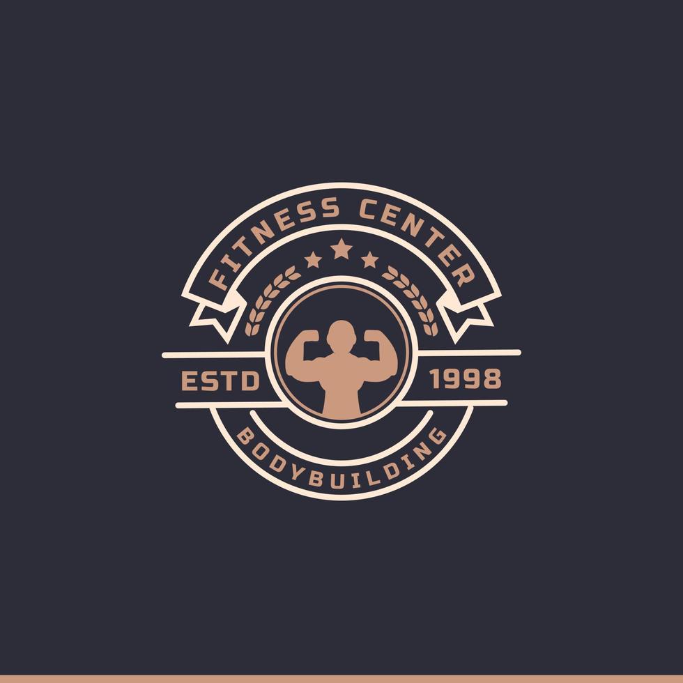 badge rétro vintage centre de remise en forme et logos de gym sportive typographiques avec des signes et des silhouettes d'équipement de sport vecteur
