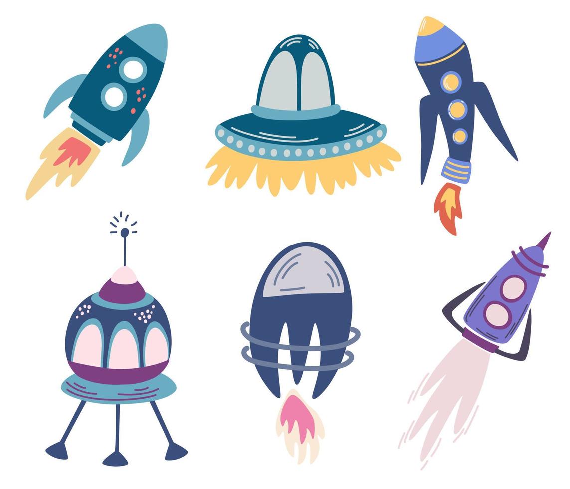 jeu de fusées spatiales. fusée, satellite, ovni. fusée de dessin animé pour vêtements ou textiles pour enfants à la mode. vecteur main dessiner illustration isolé sur fond blanc.