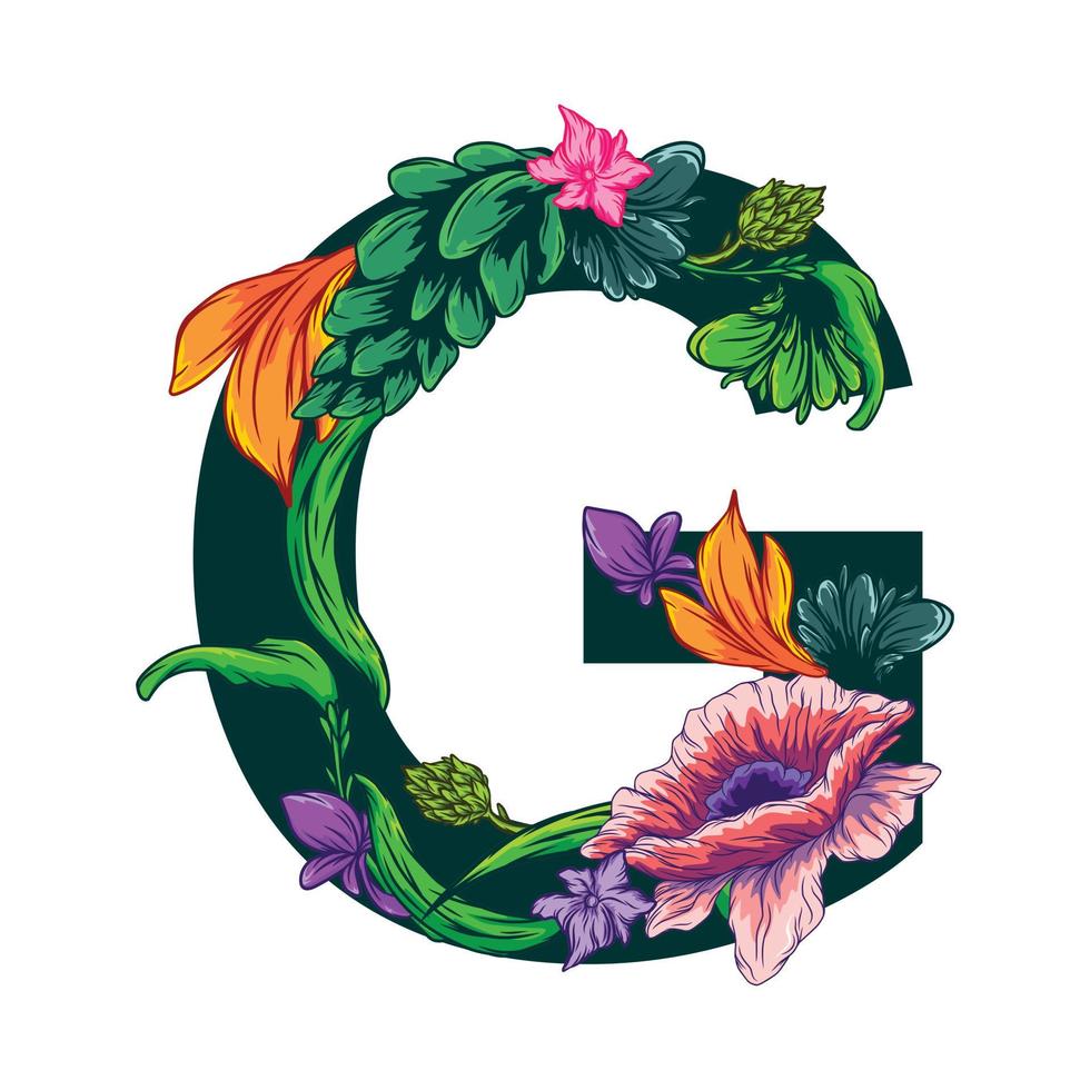 vecteur de la lettre majuscule g avec des feuilles vertes et des motifs floraux - style grotesque.eps
