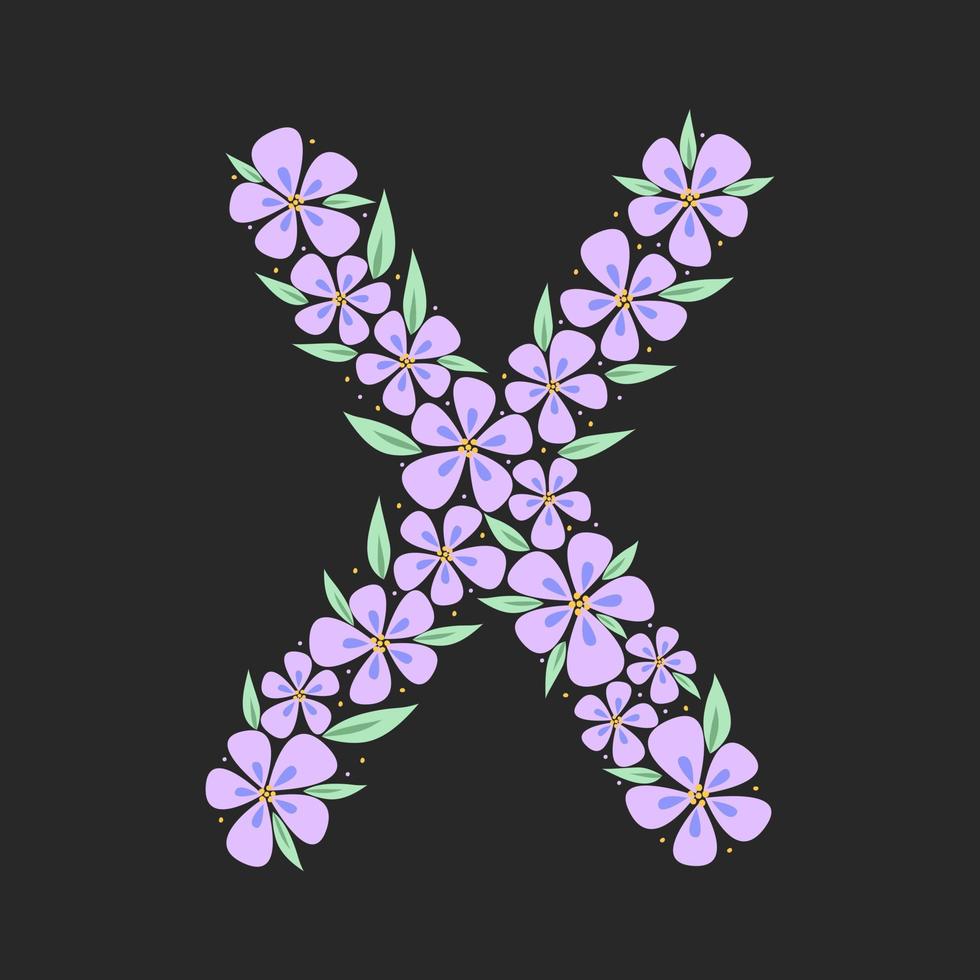 alphabet botanique floral. lettre de monogramme vintage dessiné à la main x. lettre avec plantes et fleurs. lettrage de vecteur isolé sur blanc