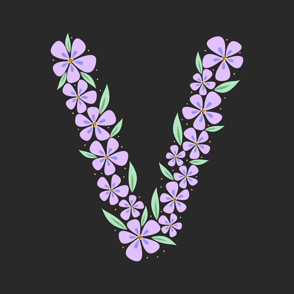 alphabet botanique floral. lettre monogramme dessinée à la main vintage v. lettre avec plantes et fleurs. lettrage de vecteur isolé sur blanc