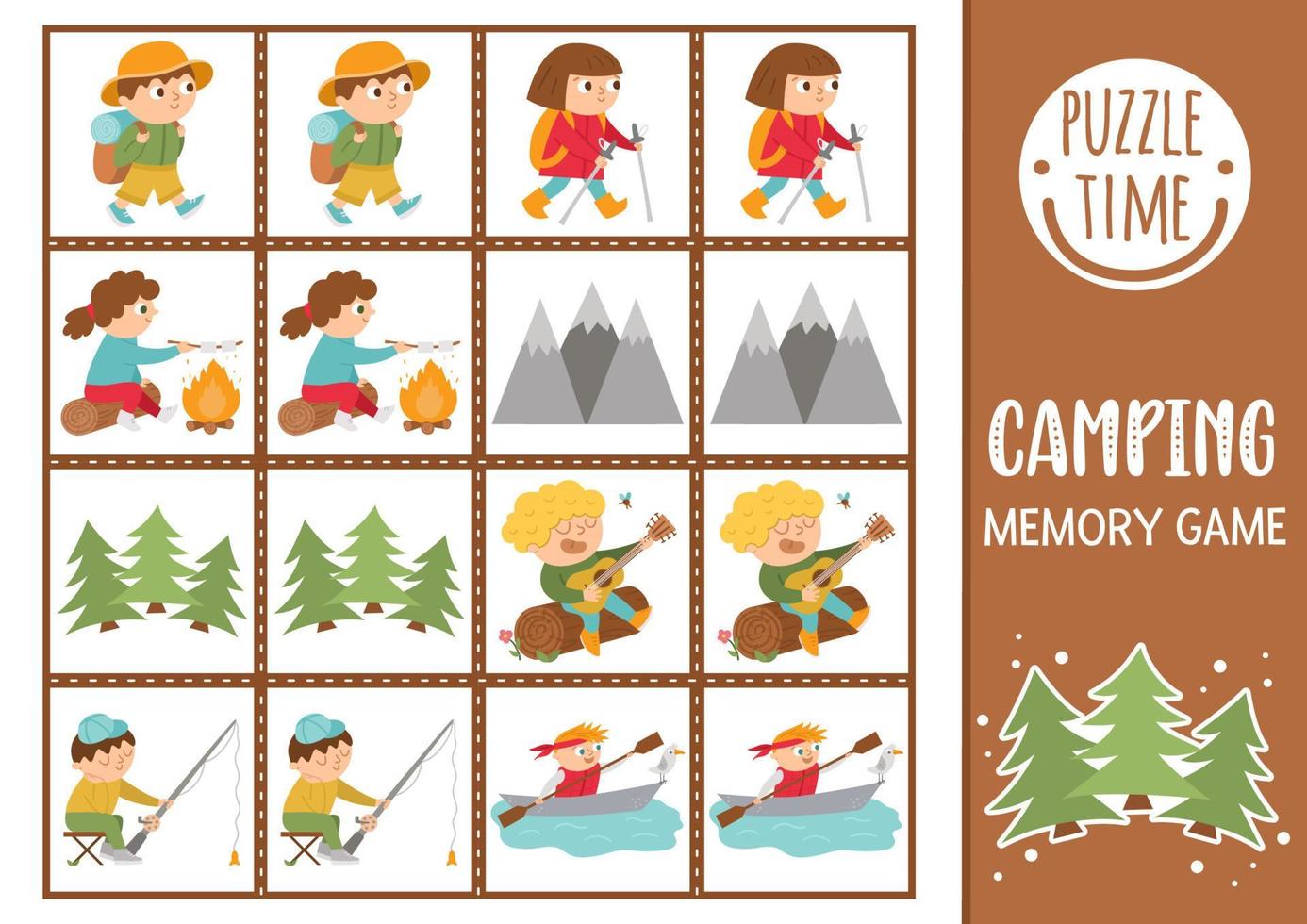 cartes de jeu de mémoire de camp d'été de vecteur avec des enfants de randonnée mignons et la nature. activité de jumelage de camping. rappelez-vous et trouvez la bonne carte. feuille de travail imprimable simple sur la faune pour les enfants.