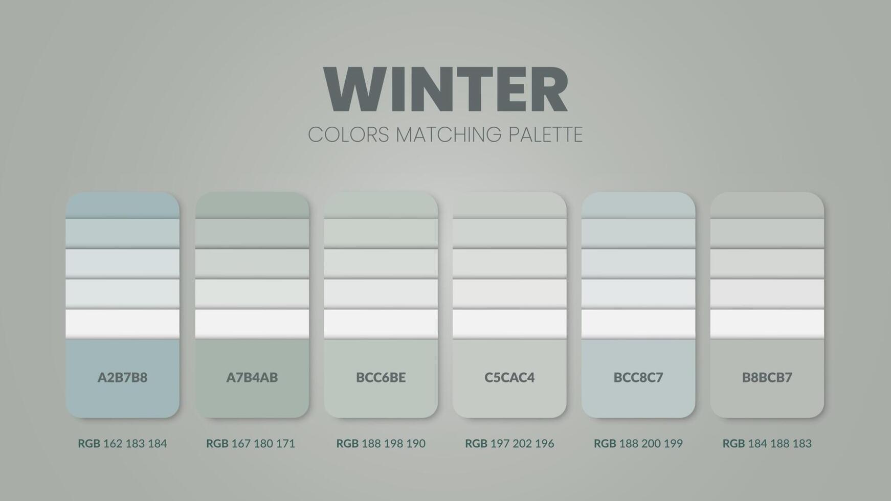 les palettes de couleurs d'hiver ou les schémas de couleurs sont des combinaisons de tendances et des guides de palettes cette année des nuances de couleurs de table en rgb ou hexadécimal. un échantillon de couleur pour une journée douce mode, maison ou décoration d'intérieur vecteur