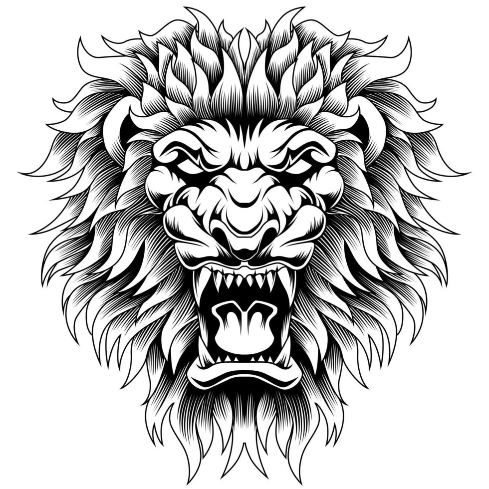 tête de lion en colère style de tatouage vectoriel en noir et blanc