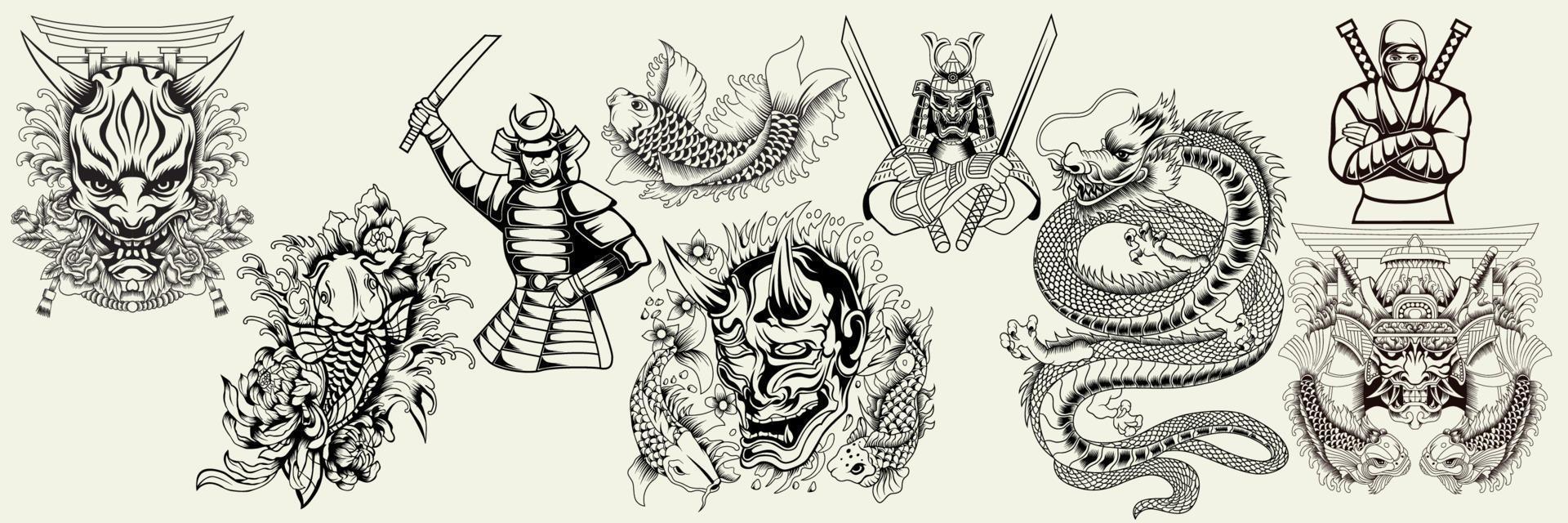 éléments colorés traditionnels japonais sertis de dragon samouraï katanas porte torii poisson koi bushido ninja vagues de la mer chrysanthème et fleurs de sakura illustration vectorielle isolée vecteur