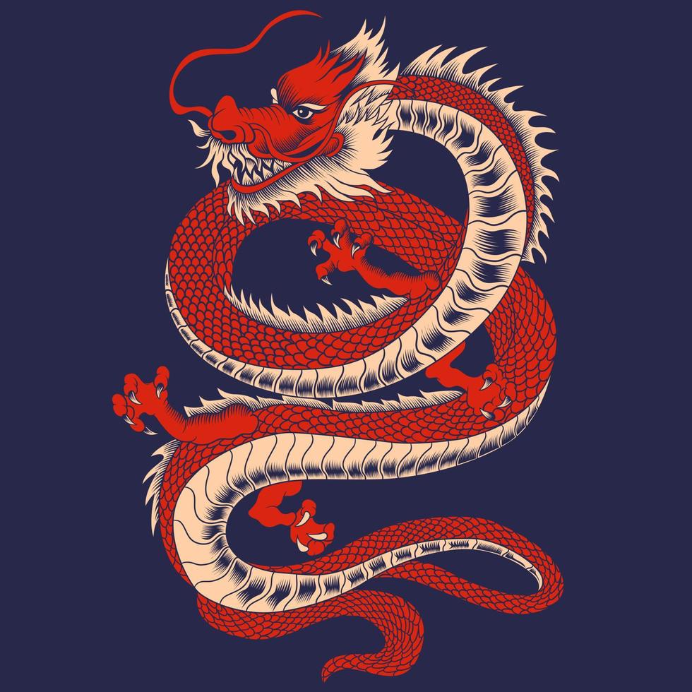 concept coloré de dragon japonais en colère dans un style vintage sur illustration vectorielle fond sombre isolé vecteur