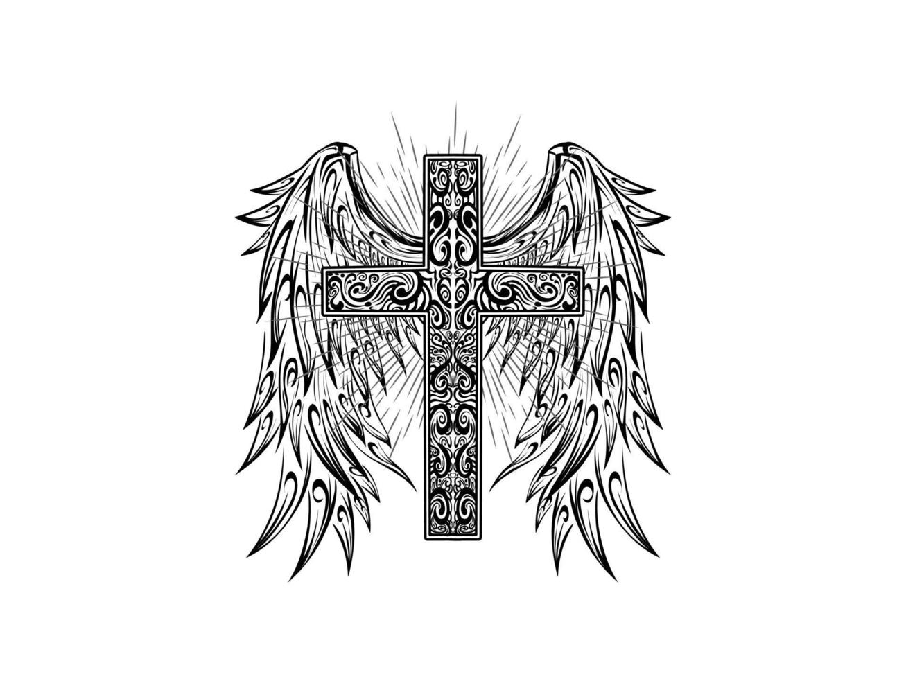 tatouage de sainte croix avec des ailes d'ange vecteur noir et blanc gratuit