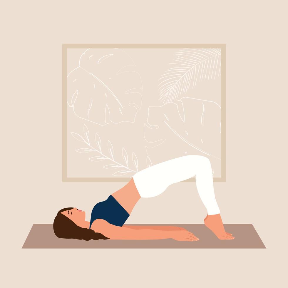 jeune femme faisant du yoga. méditation de personnage féminin sur le tapis. illustration conceptuelle pour le yoga, la méditation, la détente, les loisirs, un mode de vie sain. illustration vectorielle en style cartoon plat. vecteur