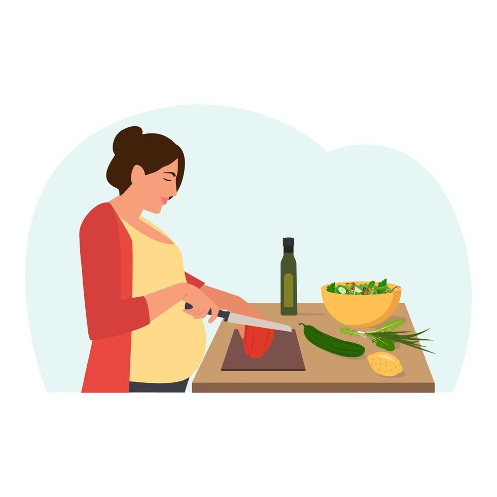 femme enceinte cuisiner des aliments sains à la maison. femme cuisinant le dîner coupant les ingrédients pour la salade de légumes. illustration plate de vecteur. vecteur