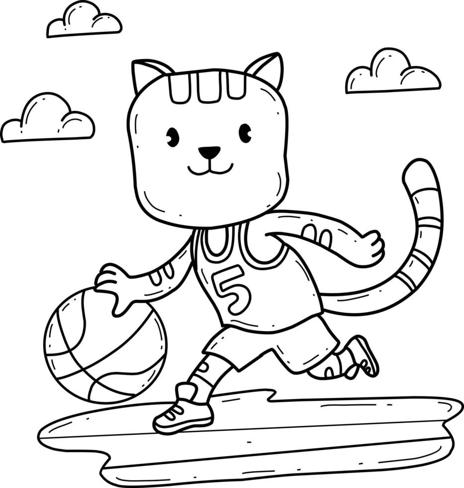 chat de dessin animé jouant au basket livre de coloriage. isolé sur fond blanc. vecteur