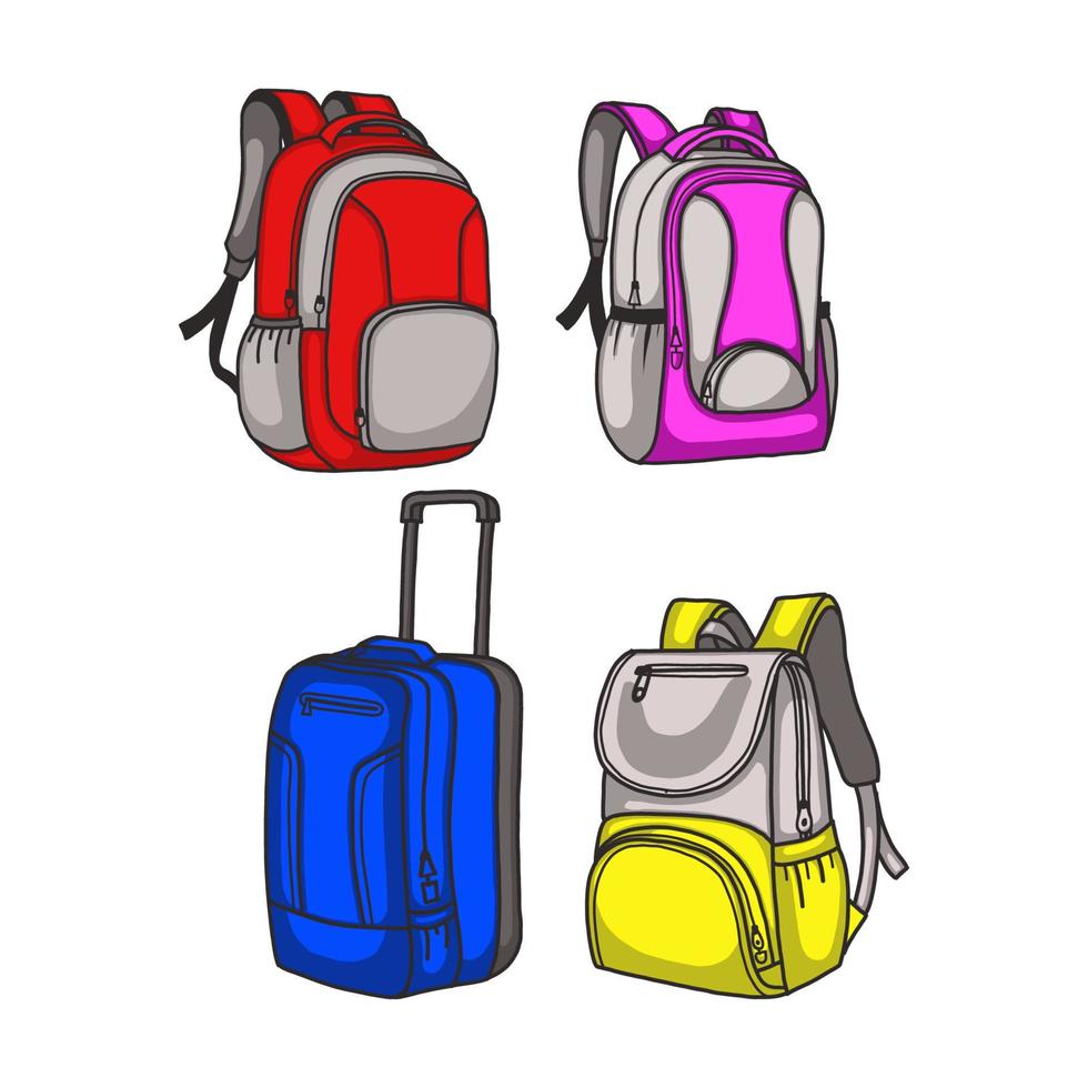 sacs illustration vectorielle. adapté à l'école, au voyage ou au concept d'aventure. style plat couleur dessiné à la main vecteur