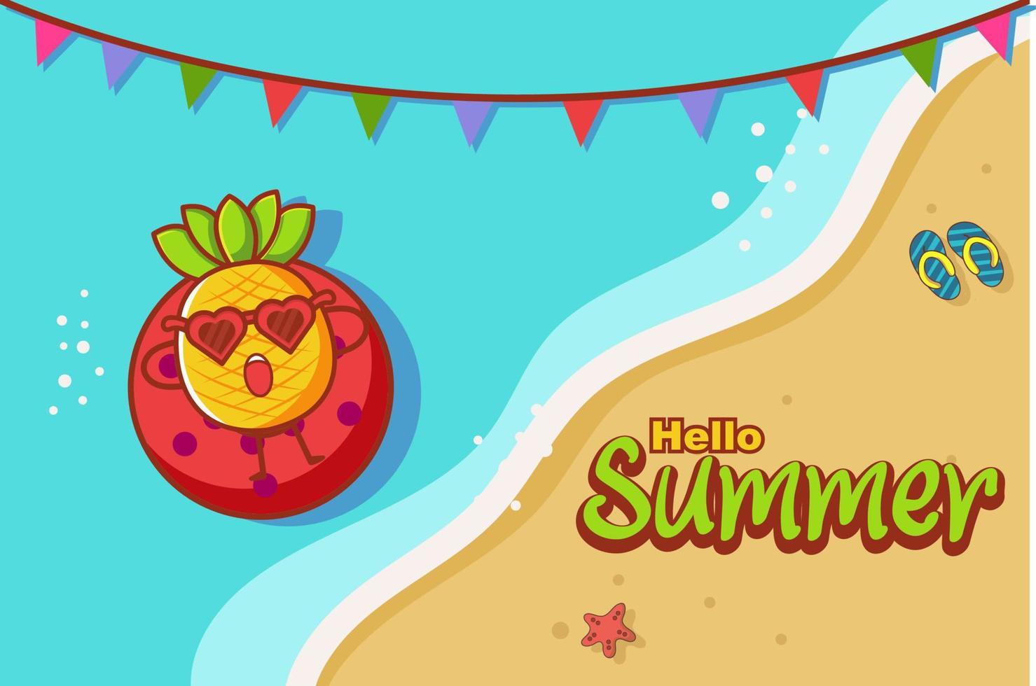 bonjour l'été avec dessin animé d'ananas nageant avec du caoutchouc vecteur