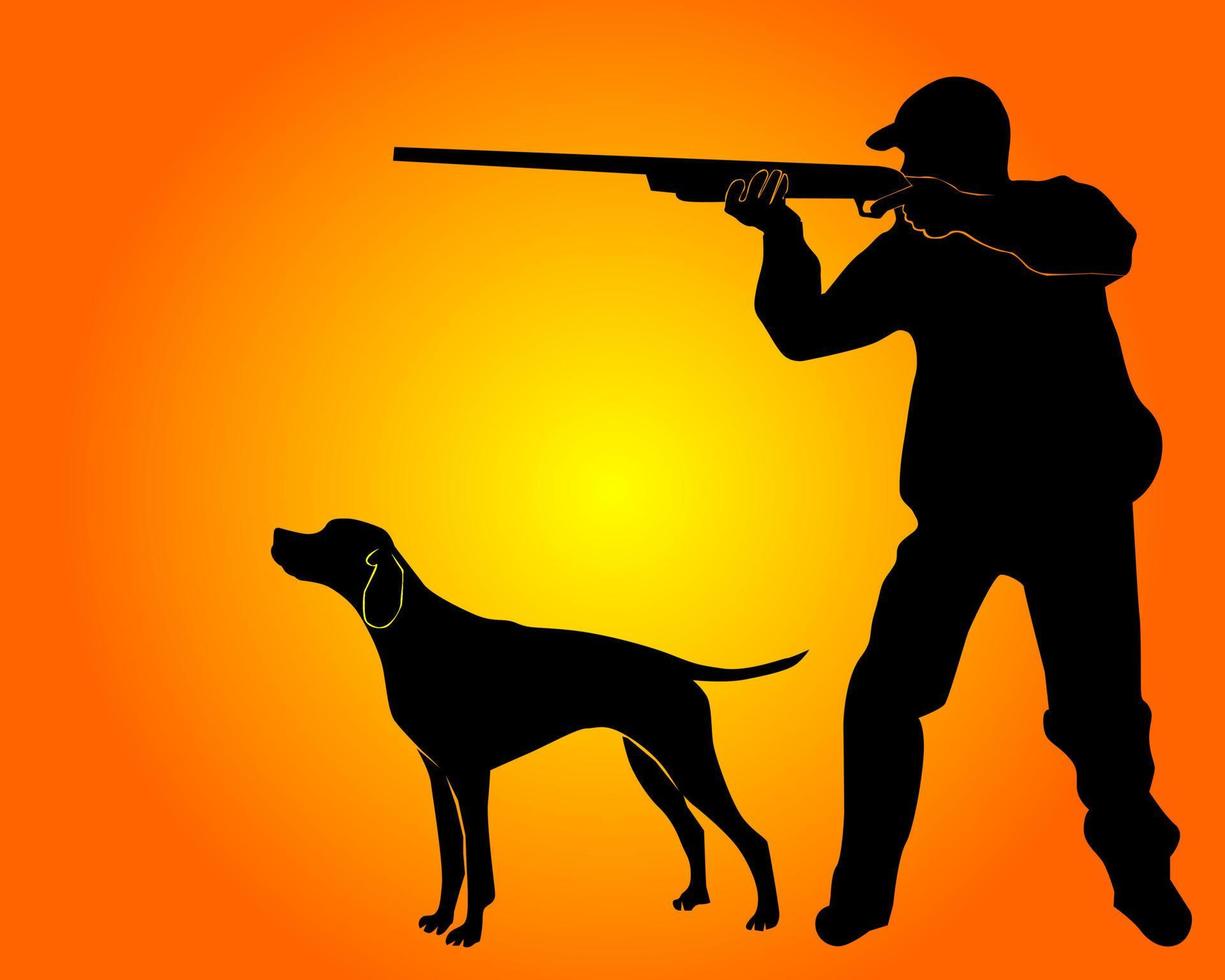 silhouette noire du chasseur avec un chien vecteur