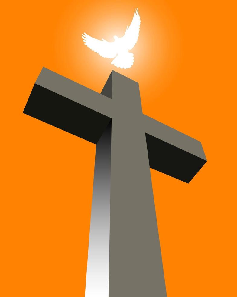 croix avec un pigeon blanc sur fond orange vecteur