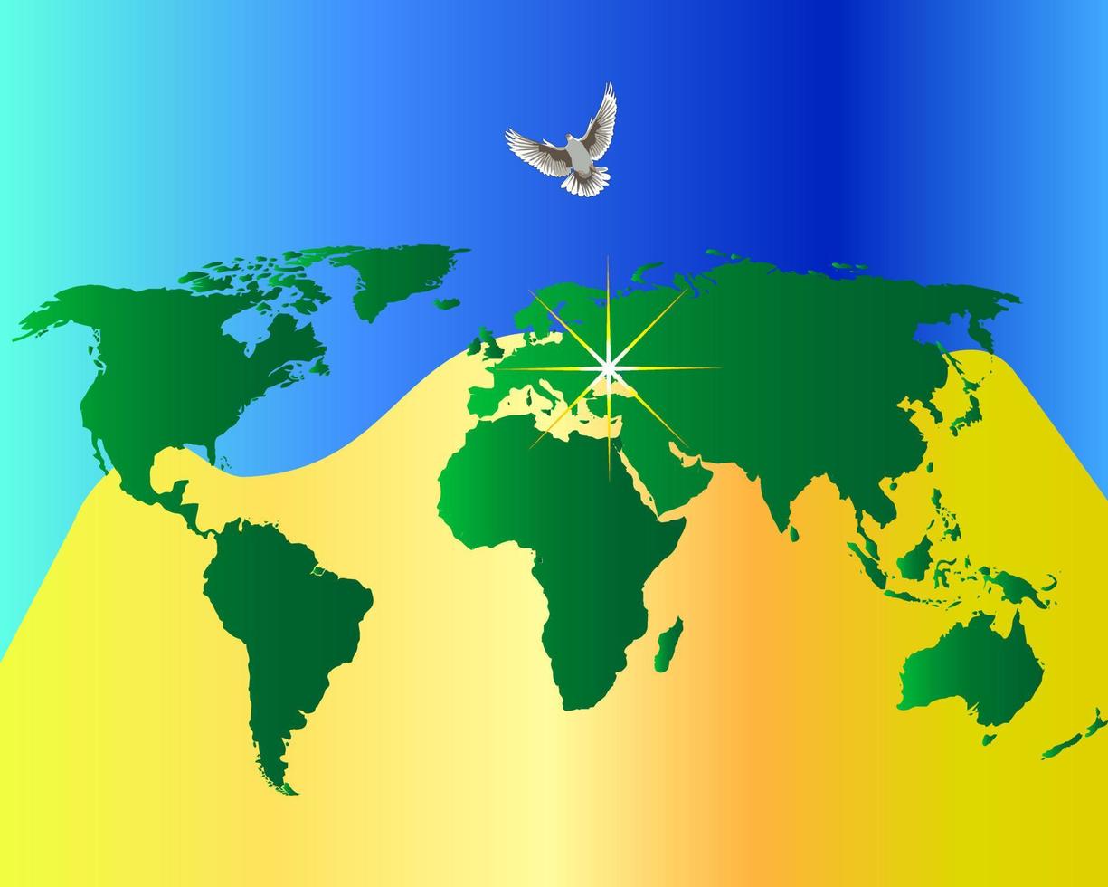 carte du monde sur fond jaune bleu foncé avec un pigeon vecteur