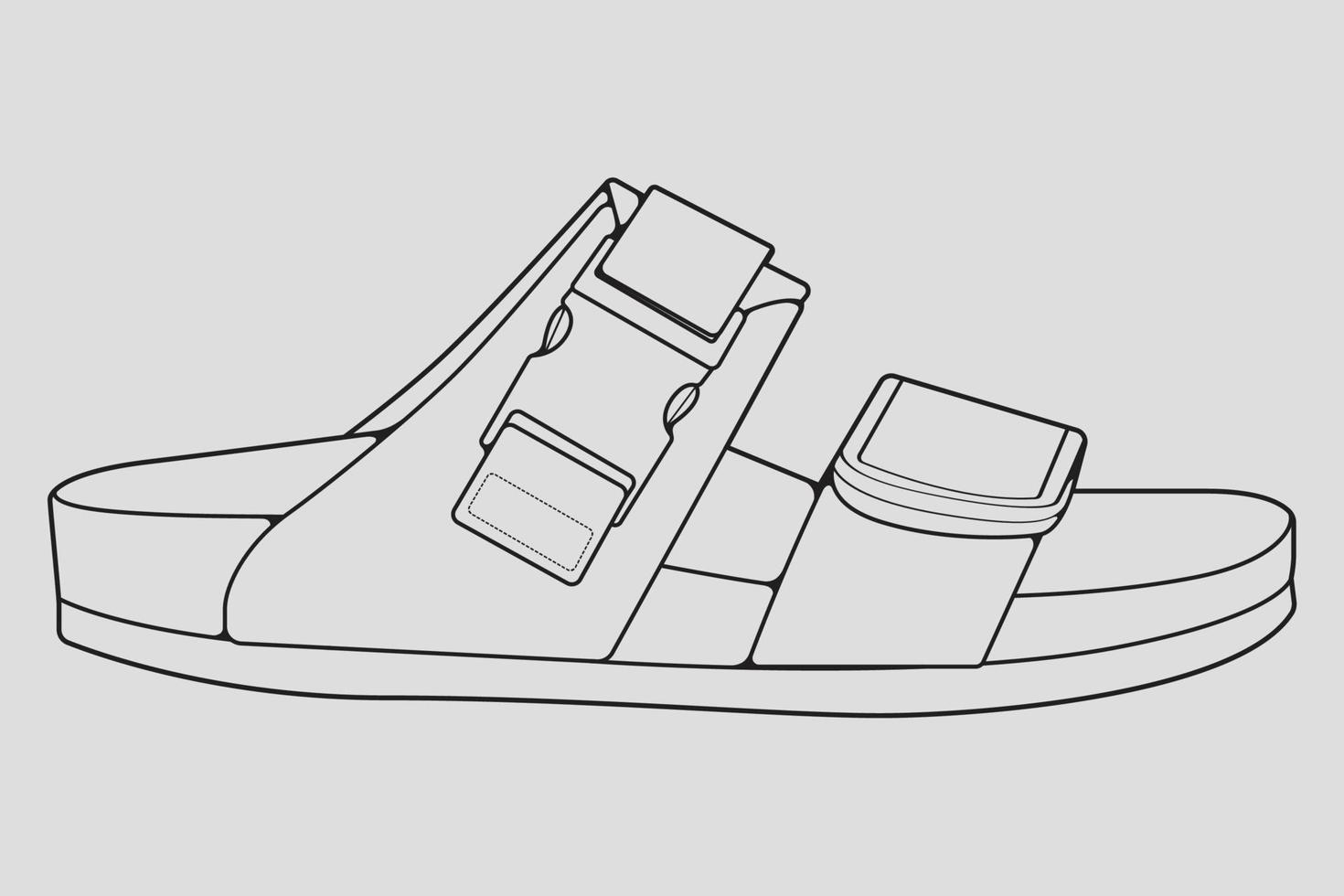 vecteur de dessin de contour de sandales à lanières, sandales à lanières dans un style de croquis, contour de modèle de formateurs, illustration vectorielle.