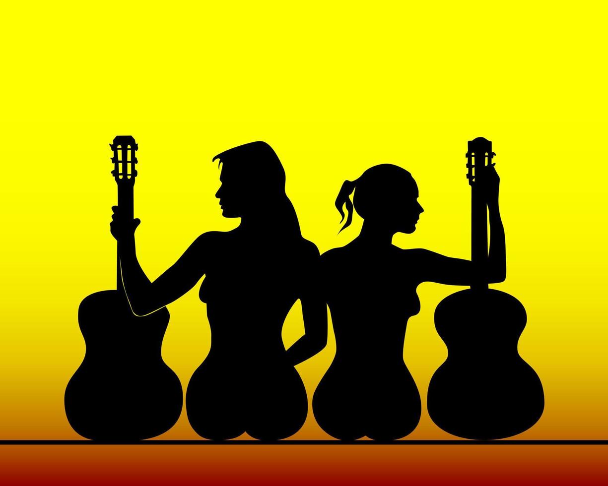 silhouettes de filles avec des guitares sur fond jaune vecteur