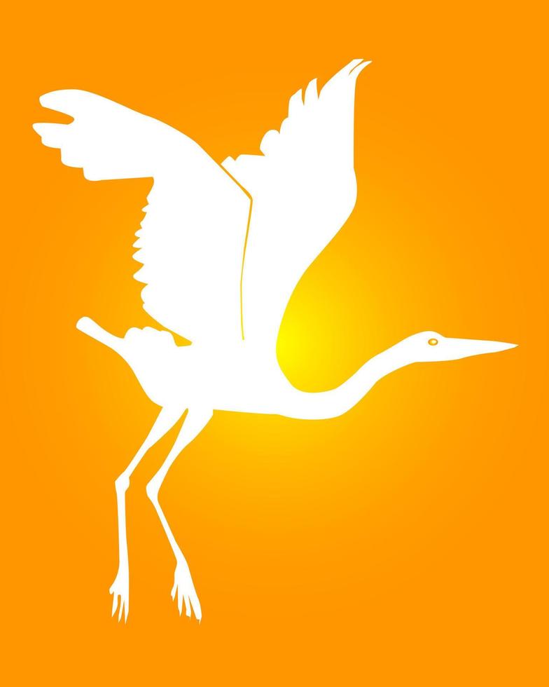 silhouette blanche d'un héron volant sur fond orange vecteur