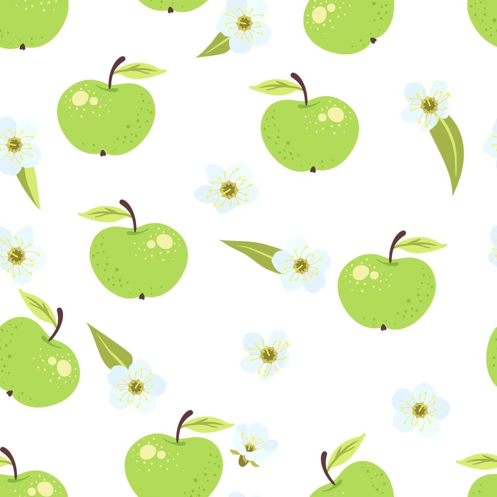 motif de pomme verte mignon sans couture avec fruits, feuilles, fond de fleurs blanches. couverture d'été d'illustration vectorielle, texture de papier peint, toile de fond d'emballage, emballage vintage. vecteur