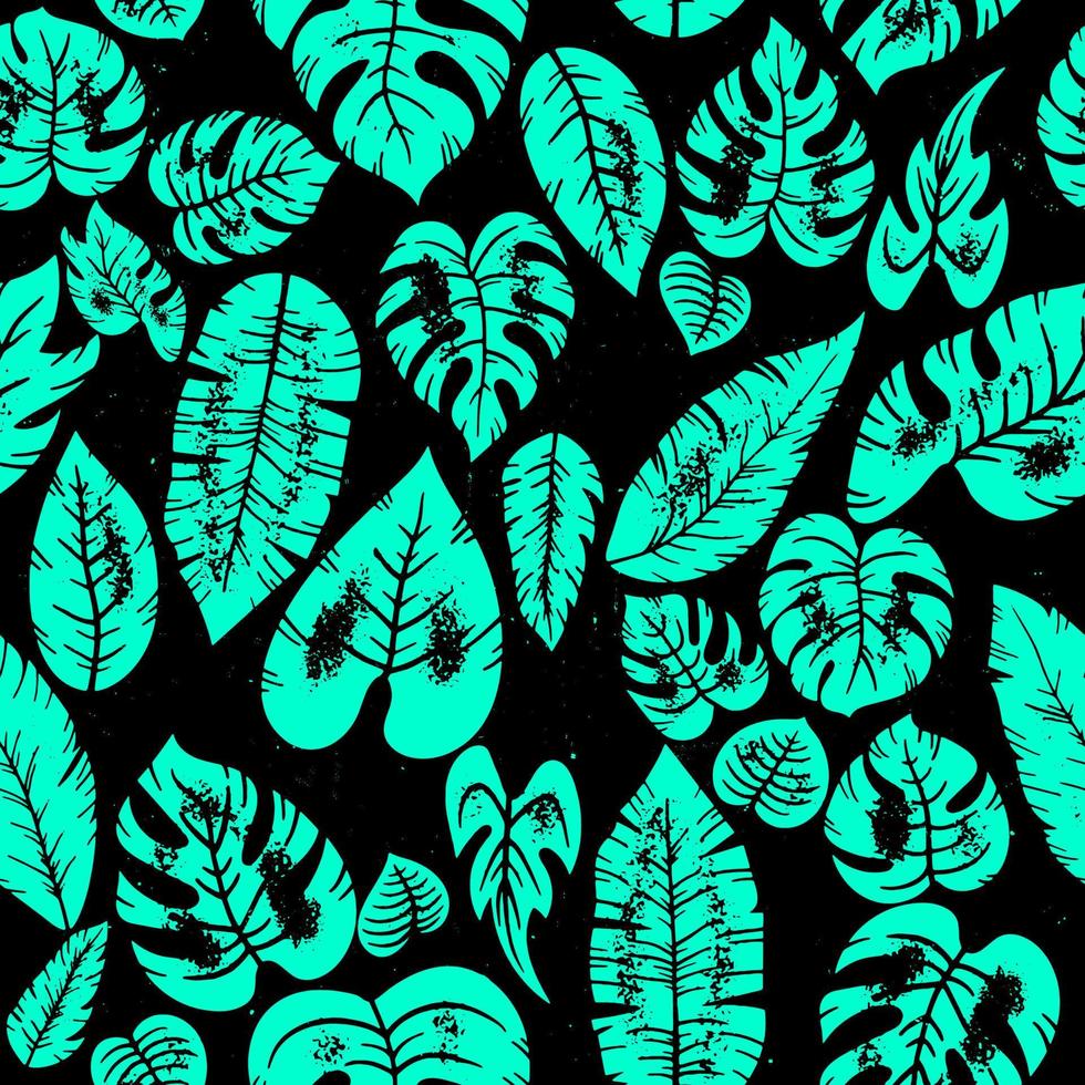 feuilles tropicales cyan vectorielles sans couture motif de plantes de la jungle feuilles exotiques tropicales vintage de différents types. plantes de la jungle. hibiscus, monstera et feuilles de palmier. fond botanique noir grunge. vecteur