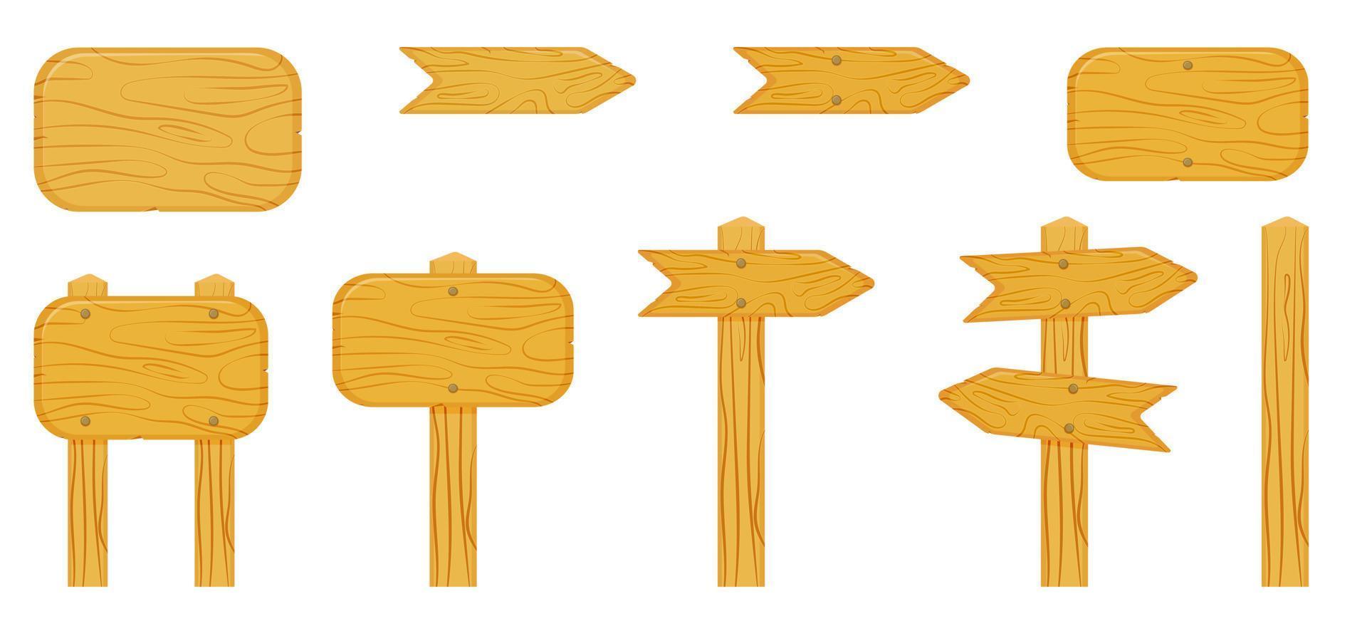 panneaux vides en bois avec des flèches indiquant le chemin. ensemble de panneaux de signalisation de dessin animé de vecteur avec un espace vide pour le texte.